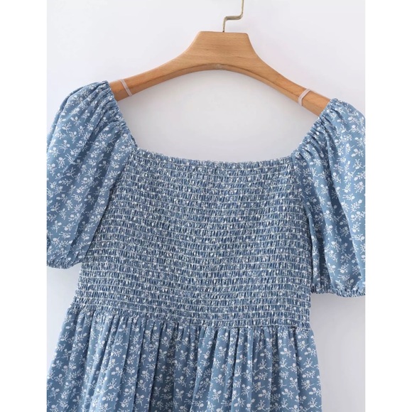 CLEARANCE Light Blue Floral Smocked Square Neck Mini Dress - Picture 4 of 10